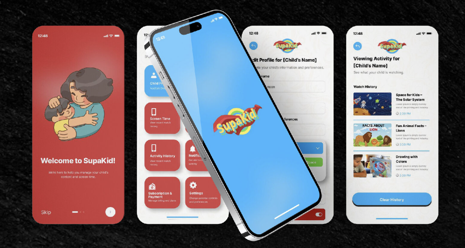 SupaKid App Preview - Mobile app screenshots showing welcome screen, settings menu, and activity history